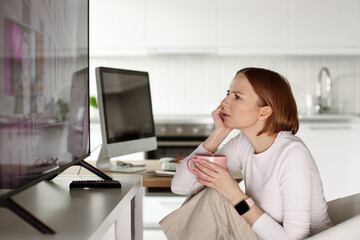 Woman watching tv, using remote control,  channel surfing, getting information and latest news,...