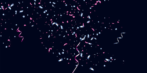 Confetti, serpentine. Blue and pink metallic gradient. Festive background, design for cards, invitations. Abstract texture on a blue background. Design element. Vector illustration, eps 10.