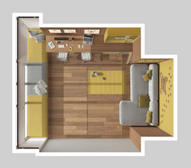 Pet friendly yellow and wooden corner office, desk with computers, bookshelf, dog bed with gate. Window with sofa and parquet. Carpet with toys. Top view, plan, above. Interior design