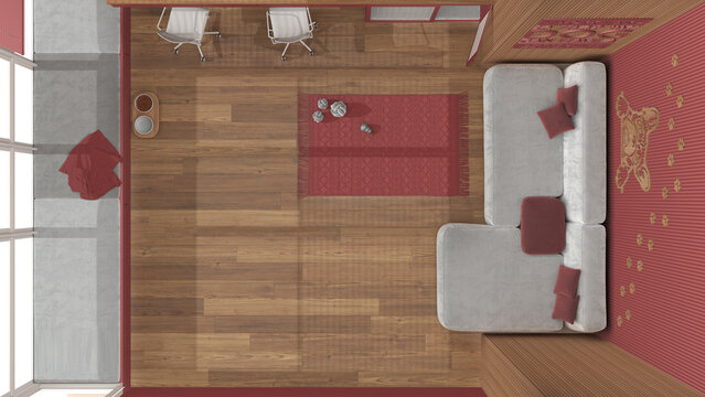Pet friendly living room with velvet sofa in red and wooden tones, window with pillows and blanket, carpet, desk, chairs. Dog bed with gate. Top view, plan, above , interior design