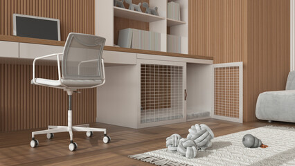 Pet friendly white and wooden corner office, desk with chair, bookshelf and dog bed with pillow and gate. Bookshelf and carpet with dog toys. Close up, ground view, interior design