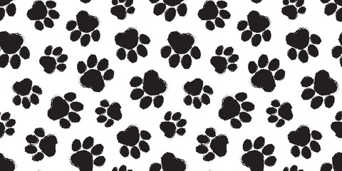 Paw pet vector seamless pattern, dog or cat footprint texture, animal background, grunge stamp repeat, foot track wallpaper. © Sylfida