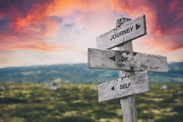 journey of self text quote caption on wooden signpost outdoors in nature. Stock sign words theme.