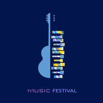 Guitar piano hand drawn flat colorful music vector icon. Classic Guitar piano keyboard silhouette design element. Vintage musical instrument emblem template. Advertising event background illustration