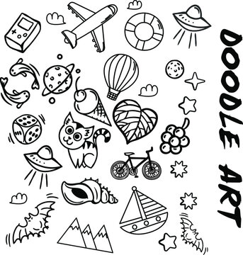 Vector design icon of doodles with various shapes that resemble objects such as planes, animals