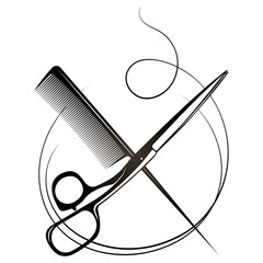 Scissors and comb stylist. Beautiful hair curl and hairstyle barber tool. Beauty salon and hair salon design - obrazy, fototapety, plakaty