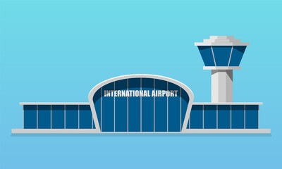 Airport terminal with air trafiic control tower flat style, vector illustration - obrazy, fototapety, plakaty