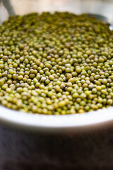 Mung beans in tin bowl. Vegan recipe for cooking book. Asian food master class. Agriculture background with green beans. High quality photo