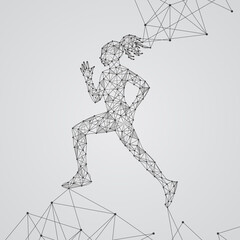 Running girl on gray background, connecting dots and lines. Light connection structure. Low poly background.