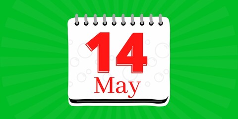 14 may, calendar with the day fourteen of the month of may in white color and background green