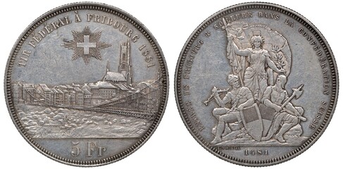 Switzerland Swiss silver coin 5 five francs 1881, subject Shooting festival in Fribourg, city view with bridge in front, laureate woman with flag above two warriors,