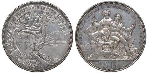 Switzerland Swiss silver coin 5 five francs 1883, subject Shooting festival in Lugano, shield,...