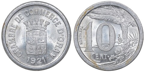Alger Algerian aluminum coin 10 ten centimes 1921, local coinage for city of Oran, crowned shield with designs above date, denomination left to palm tree, French Administration,