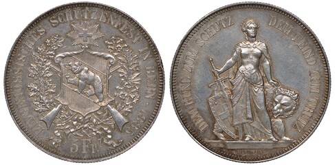 Switzerland Swiss silver coin 5 five francs 1885, subject Shooting festival in Bern, shield with...