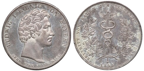 Bavaria Bavarian Germany German silver coin 1 one thaler 1835, subject Entry of Baden to German...
