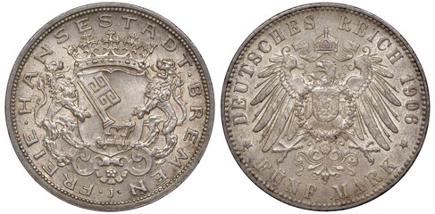 Bremen Germany German silver coin 5 five mark 1906, two lions supporting crowned shield with big...