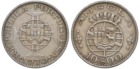 Portuguese Angola Angolan coin 10 ten escudos 1970, shield in front of stylized globe and cross,...