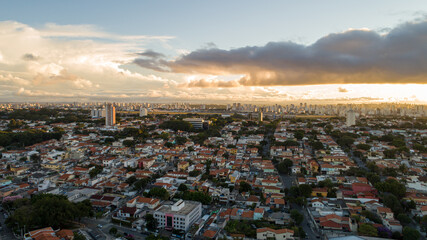 Aerial view of Sao Paulo at sunset with Congonhas Airport in the background. In the neighborhood of Planalto Paulista
