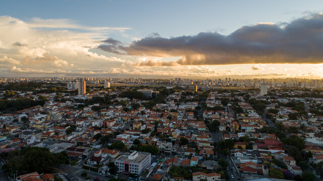 Aerial view of Sao Paulo at sunset with Congonhas Airport in the background. In the neighborhood of Planalto Paulista