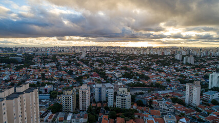 Aerial view of Sao Paulo at sunset with Congonhas Airport in the background. In the neighborhood of Planalto Paulista