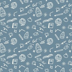 School accessories doodles seamless pattern on dark grey background