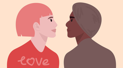 International women's couple. Lesbian lovers. LGBT+. Close friends. Portrait of girls on a neutral background. Vector flat illustration