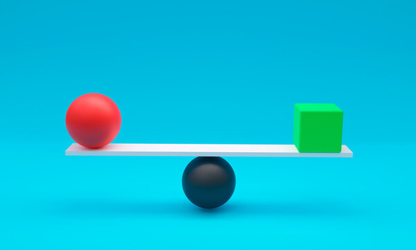3d illustration, ball and square, balanced, balance concept, blue background 3d rendering
