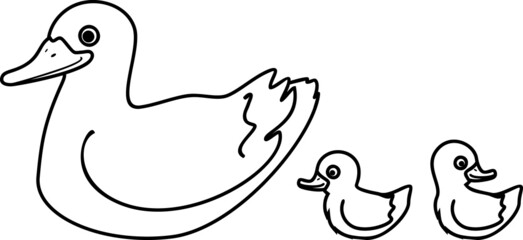 Coloring page with cartoon duck and ducklings isolated on white background