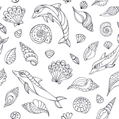 Seamless vector pattern with sketch of dolphins and sea shells. Sea seamless vector pattern. Decoration print for wrapping, wallpaper, fabric.