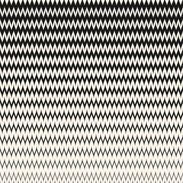 Vector seamless pattern with halftone zigzag stripes. Abstract geometric background with wavy horizontal zig zag lines. Black and white chevron texture. Modern pattern with gradient transition effect