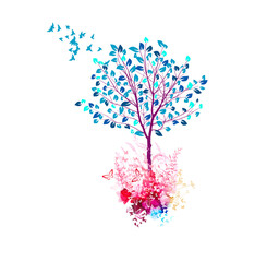 Abstract nature. Tree and flying birds. Vector illustration