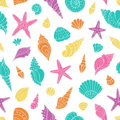 Seamless vector pattern with sketch of sea shells and sea stars. Sea seamless vector pattern. Decoration print for wrapping, wallpaper, fabric. 