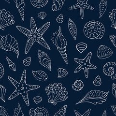 Seamless vector pattern with sketch of sea shells and sea stars. Sea seamless vector pattern. Decoration print for wrapping, wallpaper, fabric. 