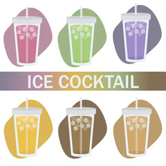 Set of fruit cocktails with ice. Soft drinks in a glass. Isolated illustration of a drink with ice.