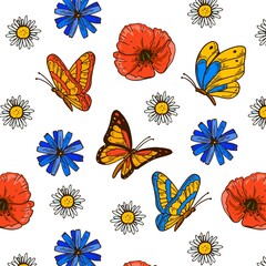 Colorful butterfly seamless pattern with poppies and chamomiles. Summer design. Hand drawn vector illustration