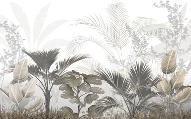 tropical trees and leaves wallpaper design in foggy forest - 3D illustration
 - obrazy, fototapety, plakaty