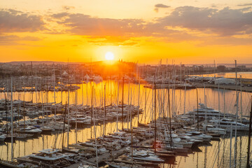 aerial view of an amazing sunrise in Palma the Mallorca - harbor and cathedral, Spain