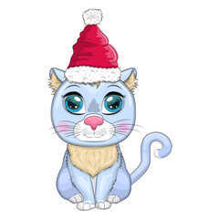 Cute cartoon cat in santa hat with gift, christmas ball, candy kane. Winter 2023, Christmas and Chinese New