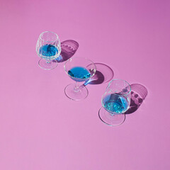 Spring toast in a blue mood .Glasses in a row.Simple and stylish