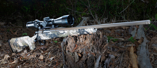 Rifle and scope in the forest