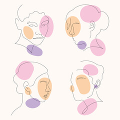 Set Of Minimalistic Contremporary Portraits In Pastel Colors. Vector Illustration With Women Faces