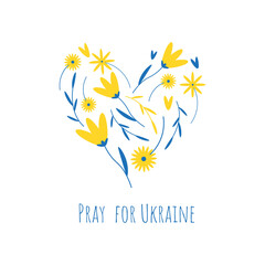 Fototapeta na wymiar Pray for Ukraine sign. Illustration with colors of Ukrainian flag. Vector isolated on white 