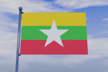 3D illustration of the flag of Myanmar with a chrome flag pole in the blue sky