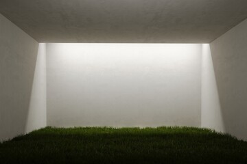 Green lawn floor in the concrete minimalistic room  interior, two story space with lighting. 3d rendering illustration mockup. Presentation eco space or gallery