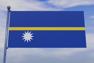3D illustration of the flag of Nauru with a chrome flag pole in the blue sky