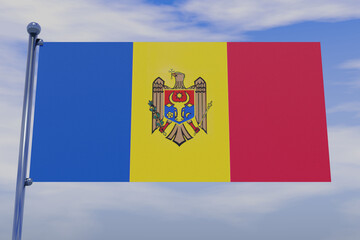 3D illustration of the flag of Moldova with a chrome flag pole in the blue sky
