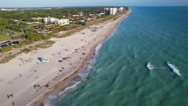Venice beach Florida near Sarasota and Fort Myers. Panorama of Florida city. Flying on drone over Venice beach FL. Gulf of Mexico beach. Summer vacation. View on Residential house, Hotels and Resorts