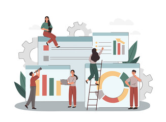 Office workers concept. Men and girls search for and systematize information, employees of analytical department next to graphs and diagrams. Colleagues and partners. Cartoon flat vector illustration