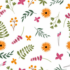 Colourful seamless pattern with summer flowers, leaves and butterflies on a white background.