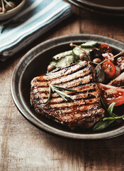 Grilled Turkey Breast with fresh salad. Close up.